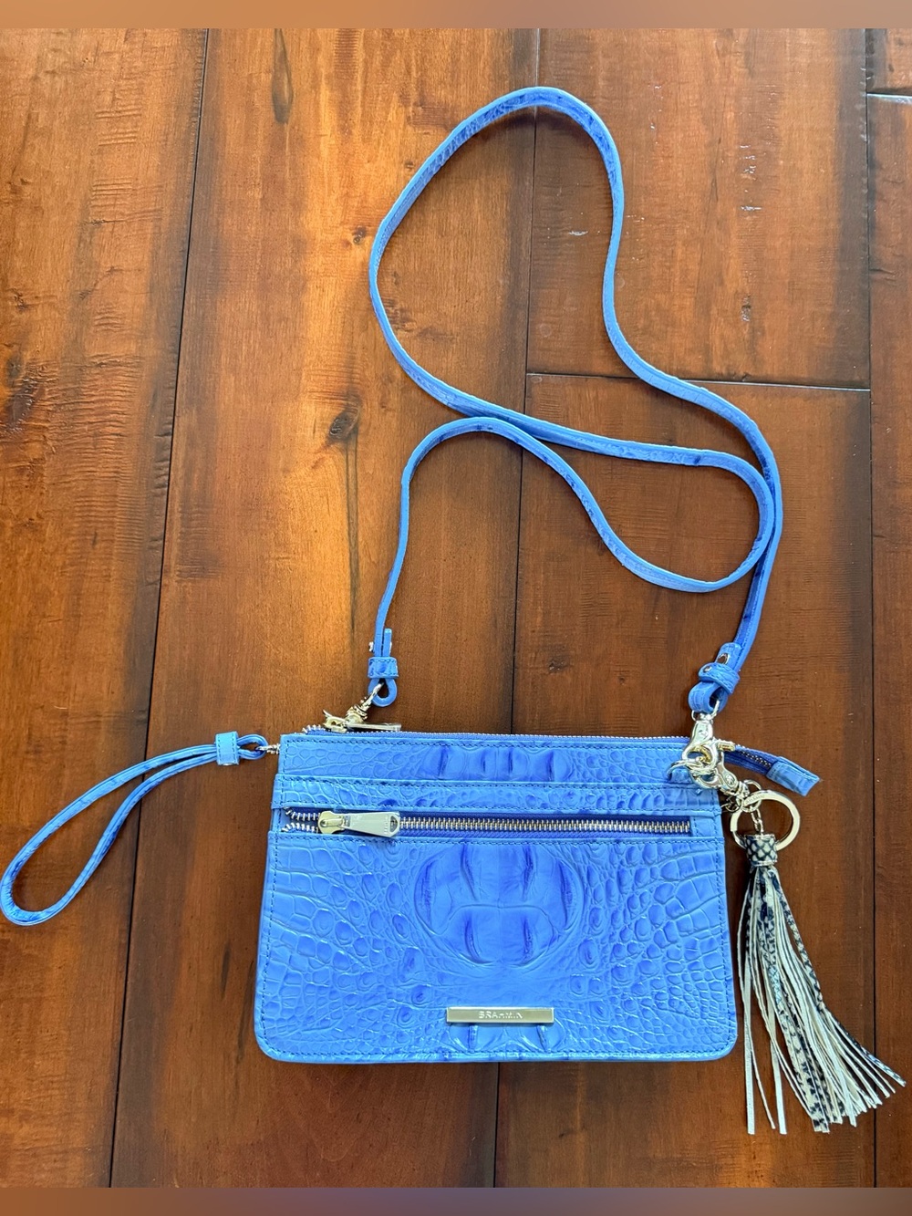 Brahmin Bright Blue Croc-Embossed Leather Crossbody with Tassel